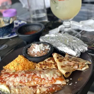 Combination taco, burrito, and beef quesadilla