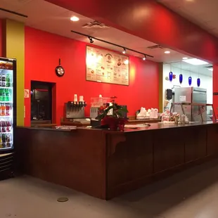 a counter with a vending machine