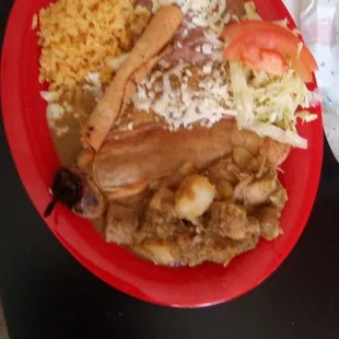Green Combination Plate at Cocina Mexicana Express. Chile con carne was average, but relleno and flauta poor.
