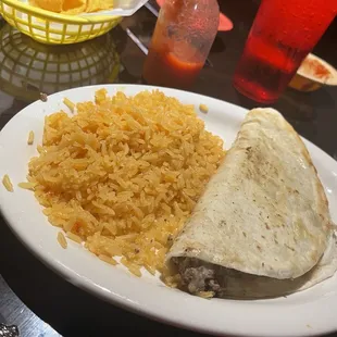 Beef quesadilla and a side of Mexican rice