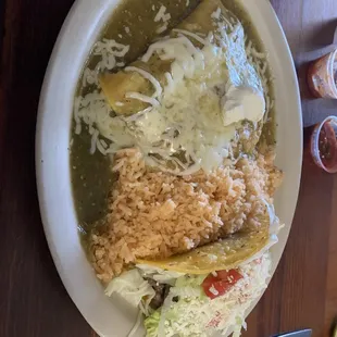 Combo plate of taco, enchilada and chili rellano.