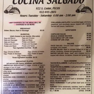 the menu for the restaurant