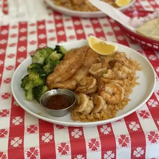 Camarones de Casa w/ choice of protein (Bistec Ranchero, Seared Bass Filet or Grilled Chicken Breast)