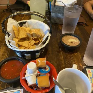 Chips and salsa. Cream for Coffee.
