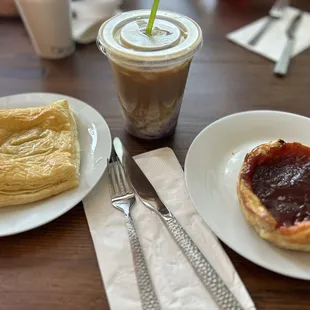 Onion and cheese pastry, blueberry iced latte, and a guava and goat cheese tart. So good!
