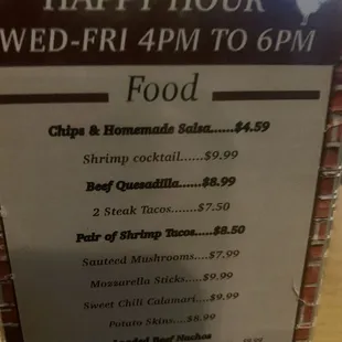 Bar happy hr menu