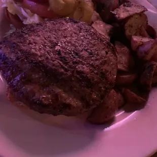 Burger and roasted potatoes