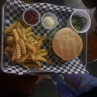 Bacon cheeseburger, fries and jalapeño&apos;s