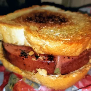 Fried Baloney Sandwich. Smoked baloney, pepper jack cheese, pickled peppers