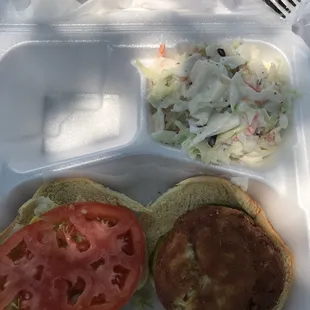 Crab cake with coleslaw.