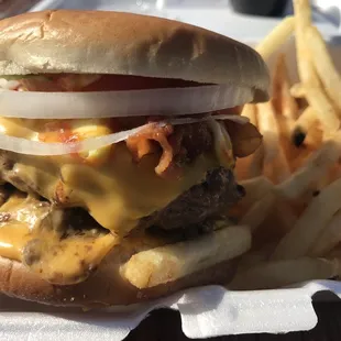 Amateurs need not apply. This is a MONSTER Double Bacon Cheeseburger with shoestring fries.