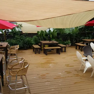 tables and umbrellas on a deck
