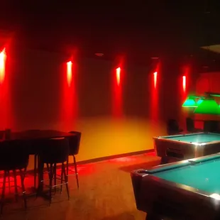 two pool tables and a bar