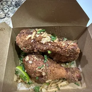 Szechuan spiced fried to perfection chicken drums