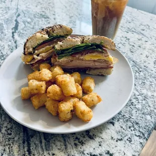 Cocky bagel, tots and cold brew.