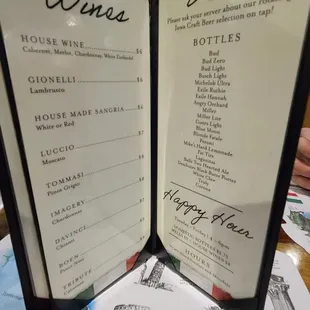 Wine, beer and happy hour menu