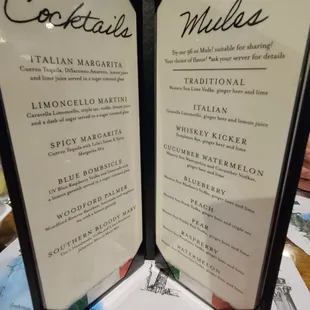 Cocktail and Mules menu