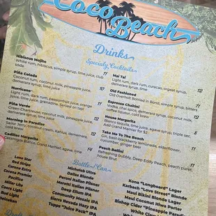 Drinks menu
