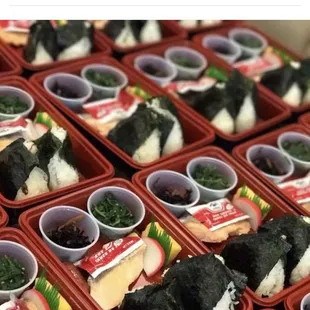 Japanese Breakfast bento set 2 musubi, Grilled salmon, side dishes Minimum order required.