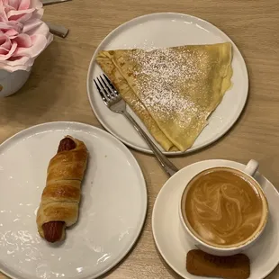 Lemon Crepe, croissant dog, latte