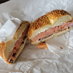 Lox Bagel on Sesame,  with ham added