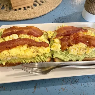 Avocado toast with eggs and bacon