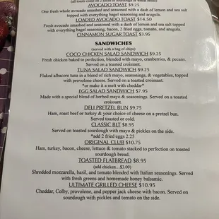 Sandwich menu