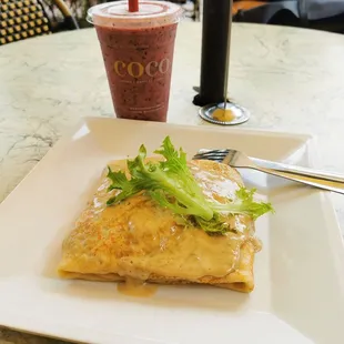 Chicken and Spinach Crepe and Berry Berry Smoothie.