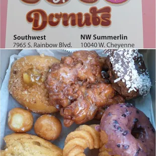 Apple filled/apple fritter/choco coconut/blueberry/cruller/buttermilk bar/donut holes.Abt $8 w/tax.Taste very fresh,no oily residue at all.