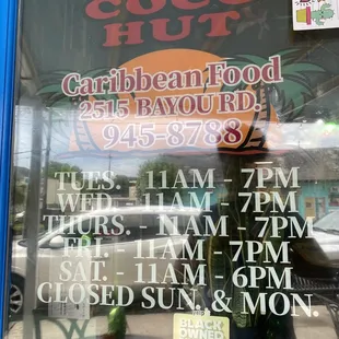 Shop name and hours