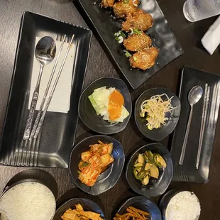 Honey chicken and side dishes