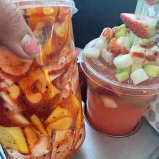 Fruit cup (Vaso de fruta) with coconut and mango.  Strawberry lemonade topped with fruit