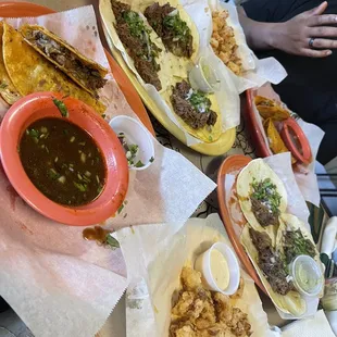 Quesabirria tacos, Barbacoa tacos, &amp; Coconut shrimp