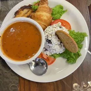 Duo- with soup and chicken salad with cranberries. (They have two types of chicken salad)