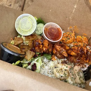 This is the Sampler with Sweet and Spicy, Spicy Shrimp and Lemon Herb. We added grilled pineapples as well.