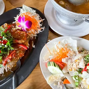 Fish in three sauce (I think), Tom Yum Kung Soup and Fried Rice.