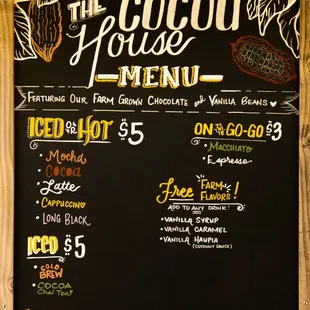 The Cocoa House Menu featuring our Farm Grown Cacao &amp; Vanilla Beans.

Open 11am-3:30pm. Closed Tues &amp; Wed