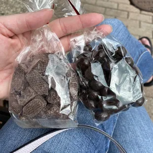 Milk chocolate covered gummy bears and dark chocolate espresso beans