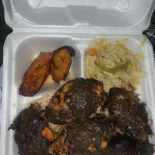 Jerk Chicken, Cabbage, Rice and Peas, Fried Plantains