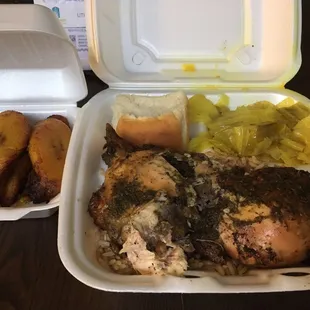 "Jerk" Chicken, regular size, with rice and peas, cabbage, potato roll and plantains