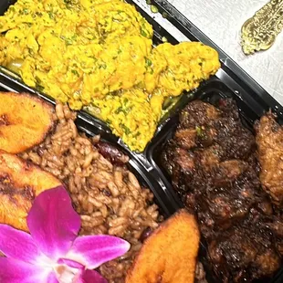 Vegan Curry Chicken and Vegan Jerk Chicken Combo Dinner with Plantains