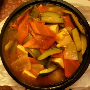 Allegedly &quot;Spicy&quot; Braised Bean Curd (steamed) with limp Vegetables. (Very sweet, not spicy.)