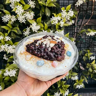 a hand holding a bowl of dessert