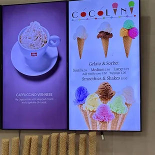 Prices for Gelato, Sorbet, Shakes and Smoothies