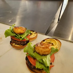 Surf &amp; Turf Sliders! Angus Beef with Jumbo Shrimp with our Coco Sauce...