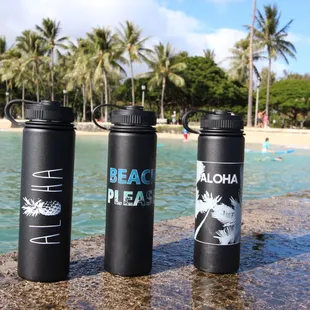 UV-printed flasks. Designed and printed in Hawaii.