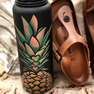 UV-printed flask and Birkenstock footwear.