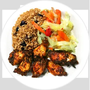 a plate of chicken, rice, and vegetables