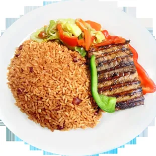 a plate of rice, meat, and vegetables