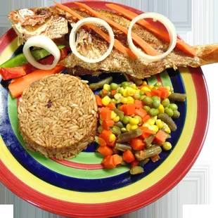 Escovish Red Snapper with mixed veggies, rice and beans.